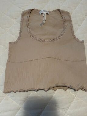 Altar'd State Beige Ribbed Lace-Trim Crop Tank